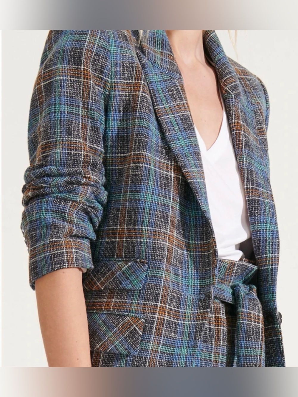 VERONICA BEARD Dickey Blue Plaid MARTEL Ruched Slv Cotton Linen Blazer Jacket 8 - Picture 2 of 16